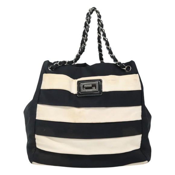 CHANEL Chain Tote Bag Canvas Navy White CC Auth bs22293