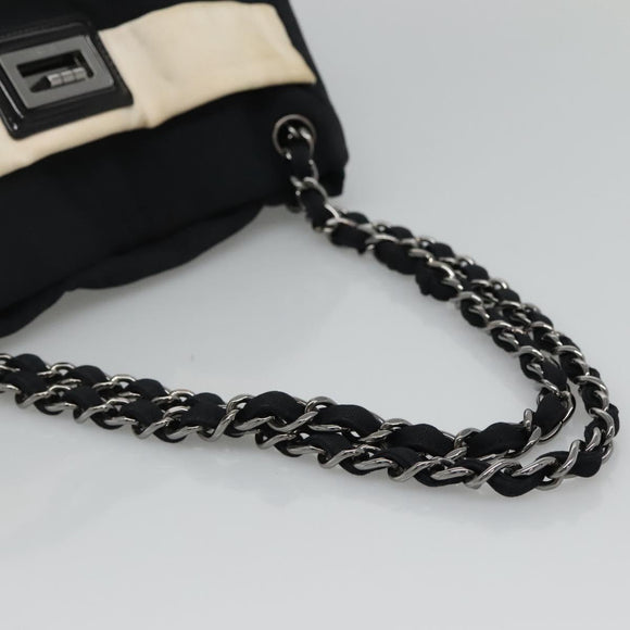 CHANEL Chain Tote Bag Canvas Navy White CC Auth bs22293