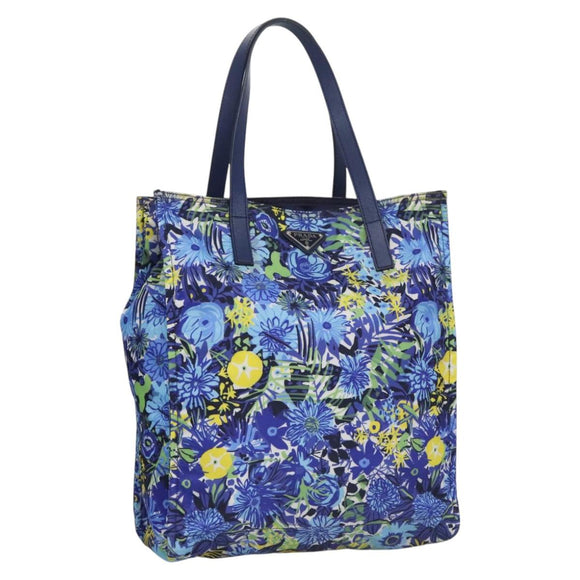 PRADA Flower Tote Bag Nylon Blue Auth bs22344