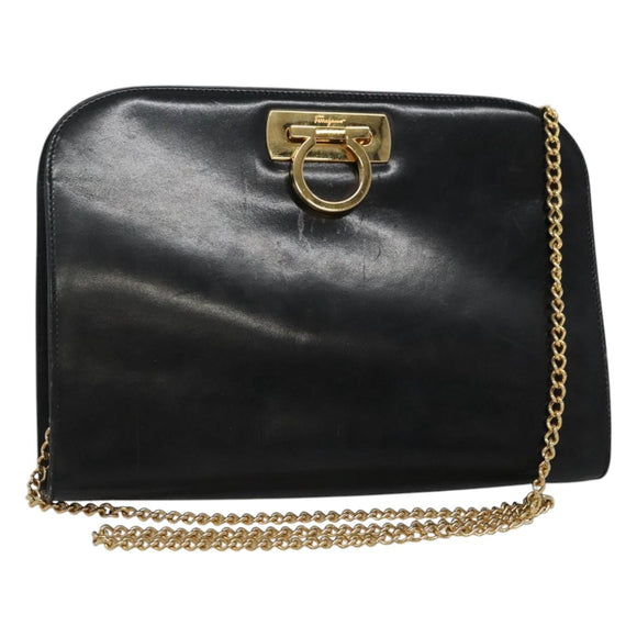 Salvatore Ferragamo Gancini Chain Shoulder Bag Leather Black Gold Auth bs22402