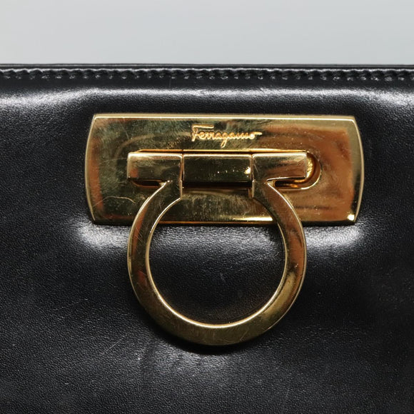 Salvatore Ferragamo Gancini Chain Shoulder Bag Leather Black Gold Auth bs22402