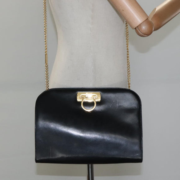 Salvatore Ferragamo Gancini Chain Shoulder Bag Leather Black Gold Auth bs22402