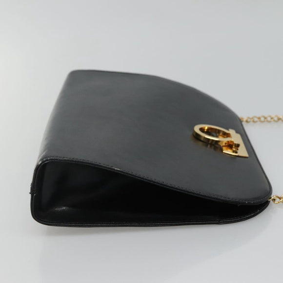 Salvatore Ferragamo Gancini Chain Shoulder Bag Leather Black Gold Auth bs22402