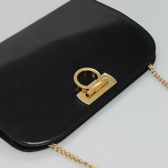 Salvatore Ferragamo Gancini Chain Shoulder Bag Leather Black Gold Auth bs22402