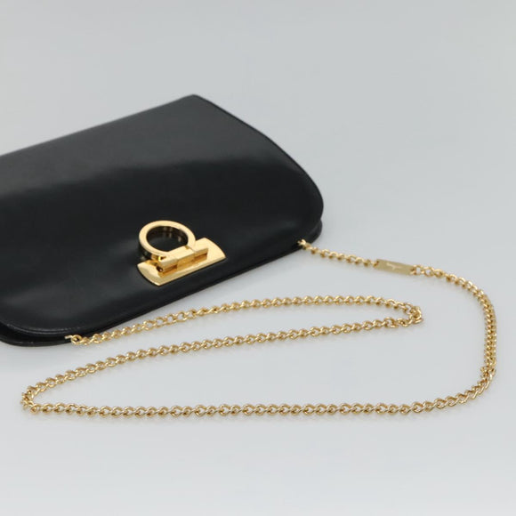 Salvatore Ferragamo Gancini Chain Shoulder Bag Leather Black Gold Auth bs22402