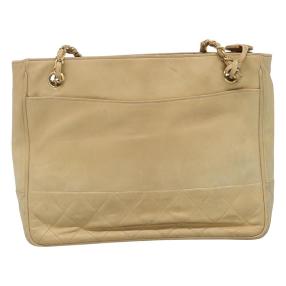 CHANEL Matelasse Chain Shoulder Bag Lamb Skin Beige CC Auth bs22414