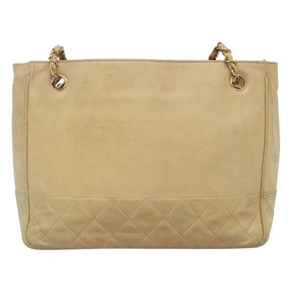 CHANEL Matelasse Chain Shoulder Bag Lamb Skin Beige CC Auth bs22414