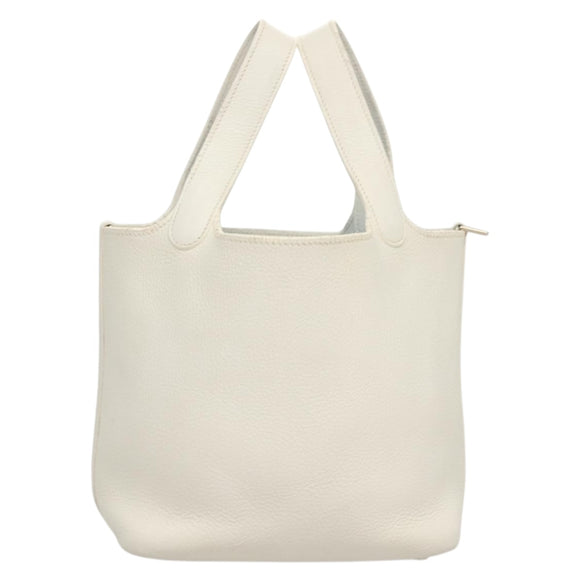 HERMES Picotan PM Hand Bag Leather White Silver Auth bs22497