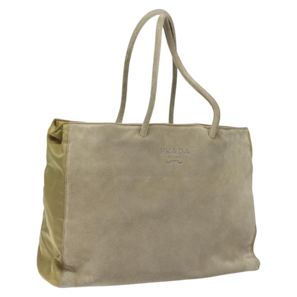 PRADA Tote Bag Suede Khaki Auth bs22528