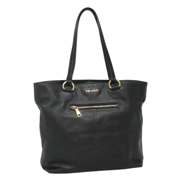 PRADA Tote Bag Leather Black Gold Auth bs22531