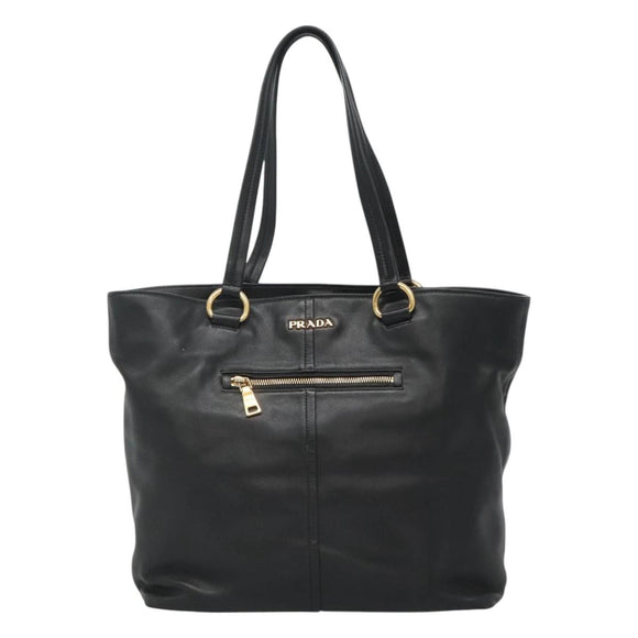 PRADA Tote Bag Leather Black Gold Auth bs22531