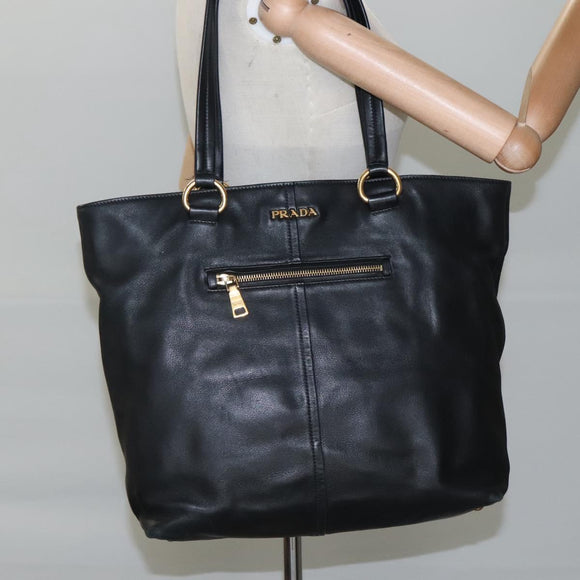 PRADA Tote Bag Leather Black Gold Auth bs22531