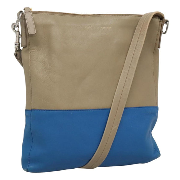 CELINE Shoulder Bag Leather Beige Gold blue Auth bs22533