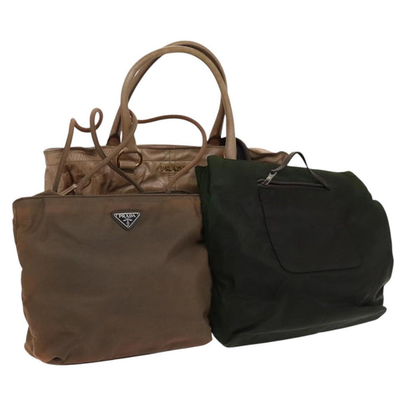 PRADA Hand Bag Nylon Leather 3 Set Khaki Beige Auth bs22539