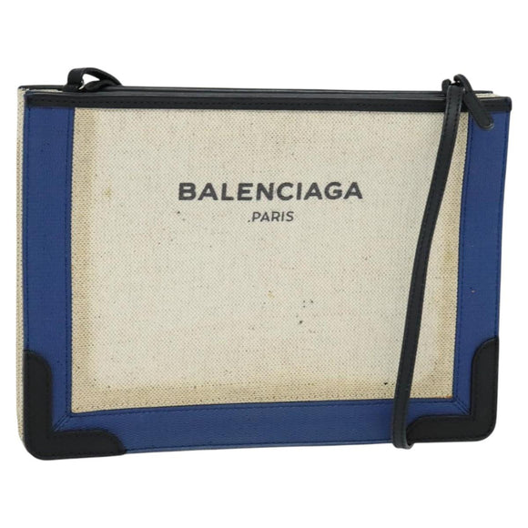 BALENCIAGA Navy Pochette Shoulder Bag Coated Canvas Beige Blue Auth bs22669