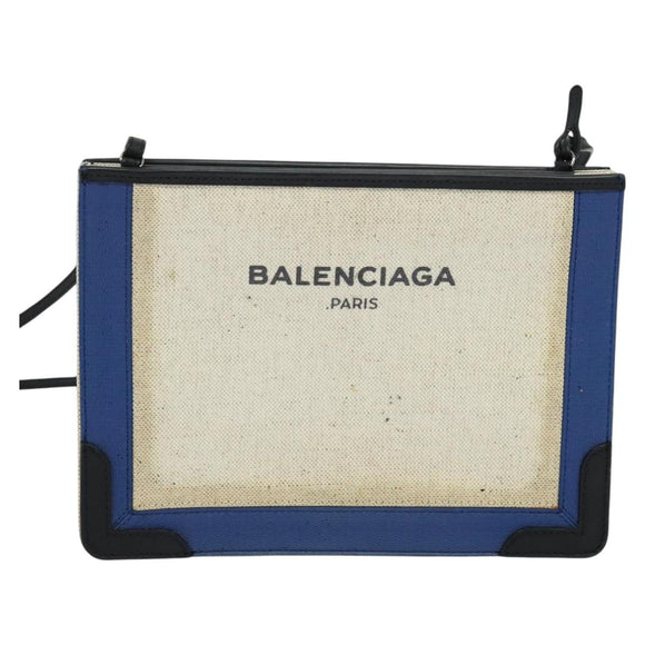 BALENCIAGA Navy Pochette Shoulder Bag Coated Canvas Beige Blue Auth bs22669