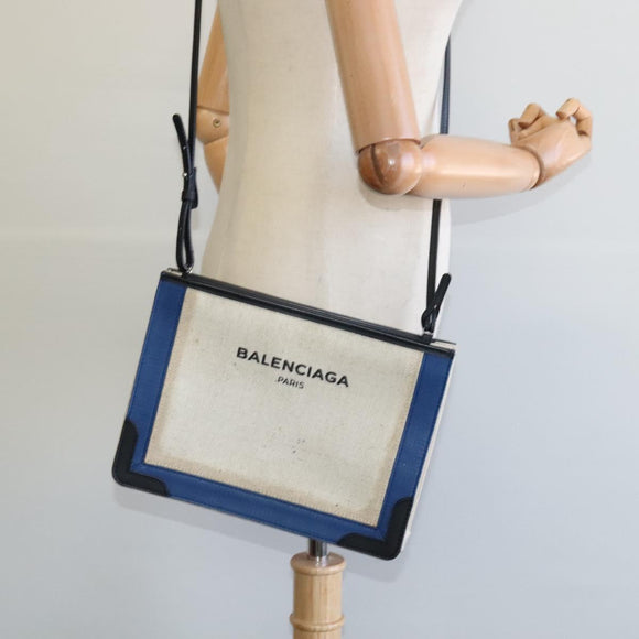 BALENCIAGA Navy Pochette Shoulder Bag Coated Canvas Beige Blue Auth bs22669