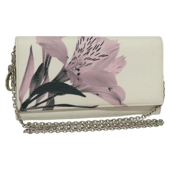 Christian Dior Chain Wallet Leather White Silver Auth bs22820