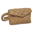 CHANEL Matelasse Chain Waist bag Lamb Skin Beige Gold CC Auth bs22827-1
