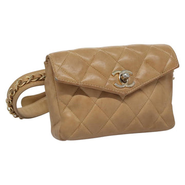 CHANEL Matelasse Chain Waist bag Lamb Skin Beige Gold CC Auth bs22827