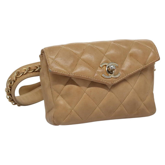 CHANEL Matelasse Chain Waist bag Lamb Skin Beige Gold CC Auth bs22827