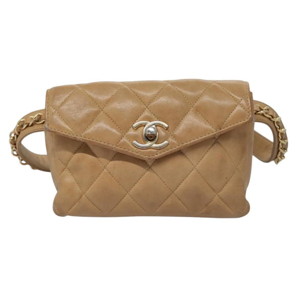 CHANEL Matelasse Chain Waist bag Lamb Skin Beige Gold CC Auth bs22827