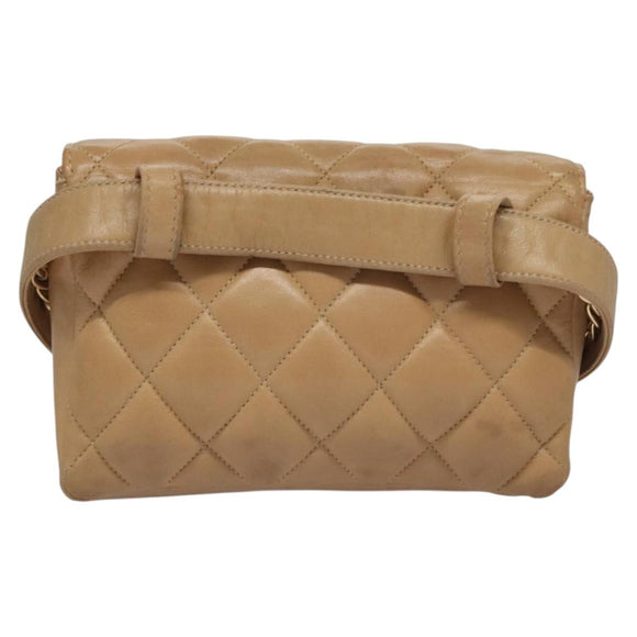 CHANEL Matelasse Chain Waist bag Lamb Skin Beige Gold CC Auth bs22827