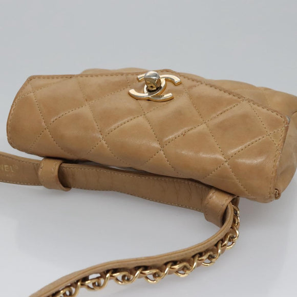 CHANEL Matelasse Chain Waist bag Lamb Skin Beige Gold CC Auth bs22827