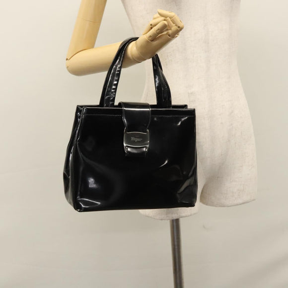 Salvatore Ferragamo Vala Hand Bag Enamel Black Auth bs22866