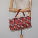 BURBERRY Nova Check Blue Label Hand Bag Nylon Red Silver Auth bs22960-20