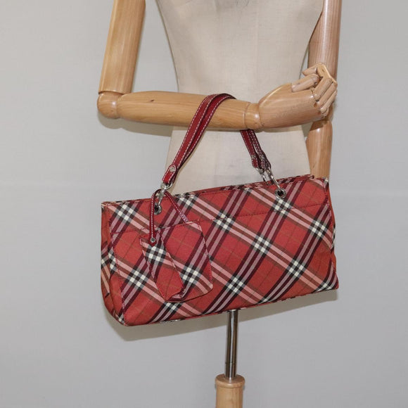 BURBERRY Nova Check Blue Label Hand Bag Nylon Red Silver Auth bs22960