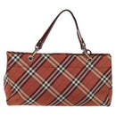 BURBERRY Nova Check Blue Label Hand Bag Nylon Red Silver Auth bs22960-3