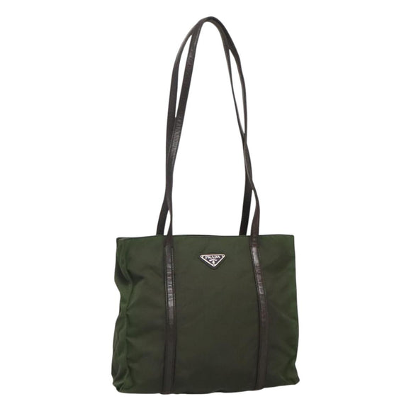 PRADA Tote Bag Nylon Khaki Brown Silver Auth bs22976