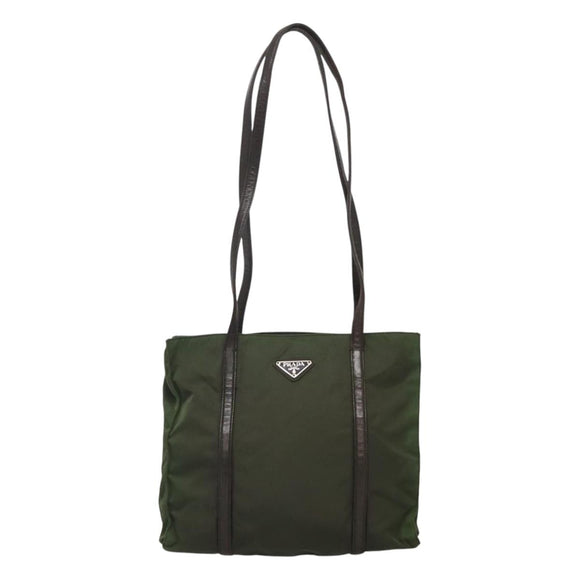 PRADA Tote Bag Nylon Khaki Brown Silver Auth bs22976