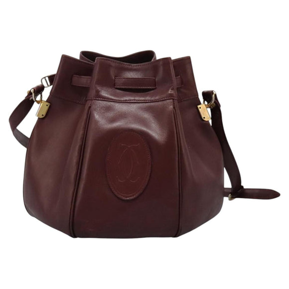 CARTIER Must Line Shoulder Bag Leather Bordeaux Gold Auth bs22994