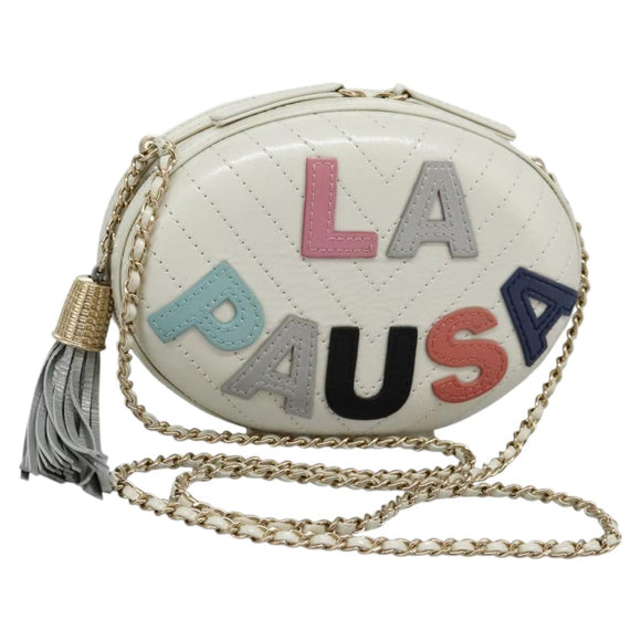 CHANEL V Stitch LA PAUSA Chain Shoulder Bag Leather White CC Auth bs23014AV
