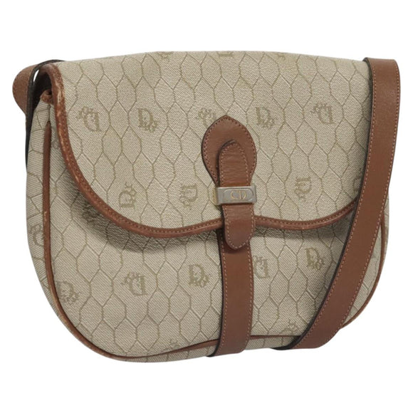 Christian Dior Honeycomb Canvas Shoulder Bag PVC Leather Beige Auth bs23056