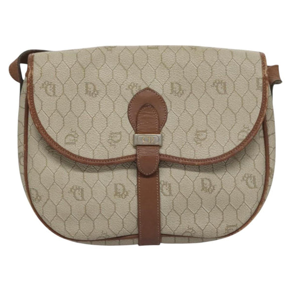Christian Dior Honeycomb Canvas Shoulder Bag PVC Leather Beige Auth bs23056