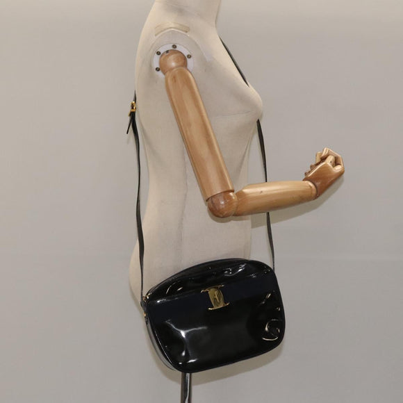 Salvatore Ferragamo Vala Shoulder Bag Patent leather Black Gold Auth bs23082
