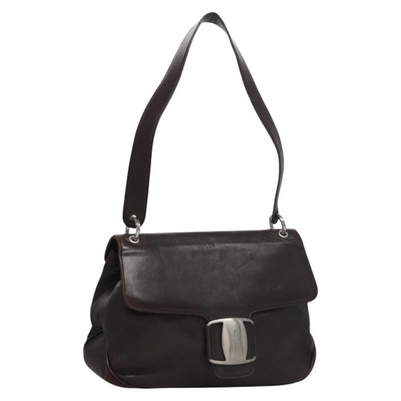 Salvatore Ferragamo Shoulder Bag Leather Brown Silver Auth bs23091