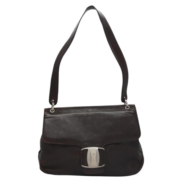 Salvatore Ferragamo Shoulder Bag Leather Brown Silver Auth bs23091