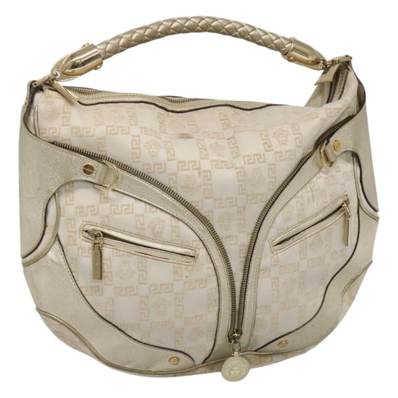 Gianni Versace Shoulder Bag Canvas Leather White Gold Auth bs23095