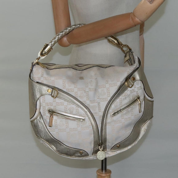 Gianni Versace Shoulder Bag Canvas Leather White Gold Auth bs23095