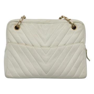 CHANEL Chain V Stitch Shoulder Bag Lamb Skin White CC Auth bs23119 - 0