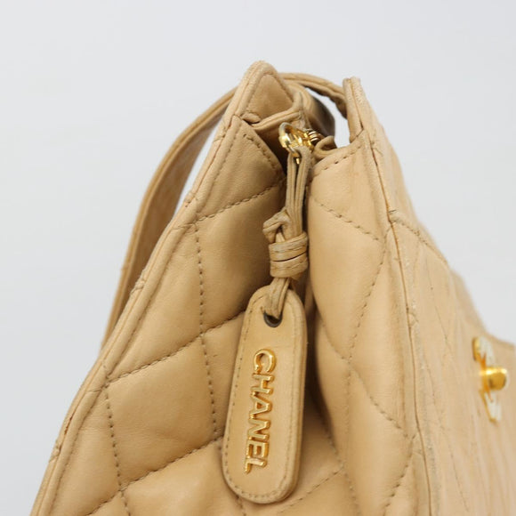 CHANEL Matelasse Shoulder Bag Lamb Skin Beige Gold CC Auth bs23120