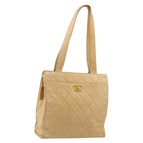 CHANEL Matelasse Shoulder Bag Lamb Skin Beige Gold CC Auth bs23120