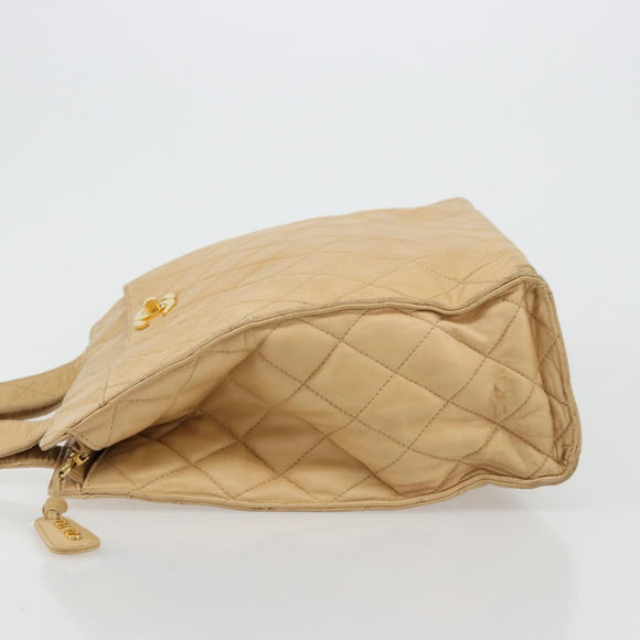 CHANEL Matelasse Shoulder Bag Lamb Skin Beige Gold CC Auth bs23120