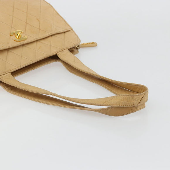 CHANEL Matelasse Shoulder Bag Lamb Skin Beige Gold CC Auth bs23120