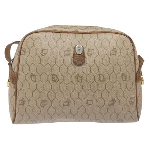 Christian Dior Honeycomb Canvas Shoulder Bag PVC Leather Beige Gold Auth bs23125
