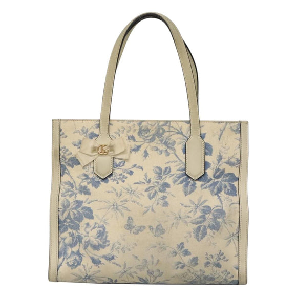 GUCCI Tote Bag Canvas Leather White Blue Auth bs23144